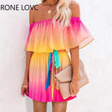 Women Gradient Color Tie Dye Off Shoulder Ruffles Dress Mini Dress Elegant Fashion Chic