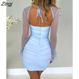 Sexy Halter Lace-up Ruched Backless Mini Dress Women Square Collar See Through Mesh Petal Long Sleeve Slim Party