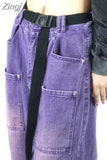 Leg Pants Denim Purple American Straight Retro Ankle Length Cargo Jeans Loose Washed Distressed Pockets Zipper Fly