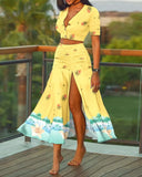 Women Holiday Summer Floral Leaf Print Patchwork Crop Tops High Slit Maxi Dress Two Piece Set Suit Sexy Long Beach