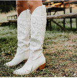 Onlymaker Women White Knee High Boots Western Cowboy Boots Wide Calf Embroidered Pointed Toe Block Heel Pull-On Cowgirl