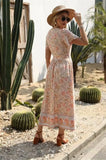 Queens Women Floral Print Cross V-neck Beach Bohemian Maxi Dress Ladies Ruffles Boho Pleated