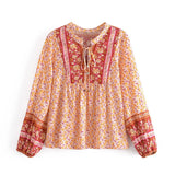 Queens Women Floral Printed V-neck Lace-up Boho Blouse Shirts Long Sleeve Tops Shirt Elegant Bohemian