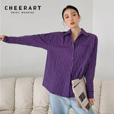 Purple Striped Baggy Shirt 2022 Fashion Women Long Sleeve Top Button Up Collared Shirt Blouse Shacket Ulzzang