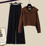 Winter Thick Knit Two Piece Sets Women Outfits Ladies Elegant Twist Knitted Sweater And Wide Leg Pant Sets Women