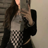 Y2k Two Piece Set Gothic Irregular Black Pullover Cloak+checkerboard Camis Tank Tops Korean Style Tee Tops Spring