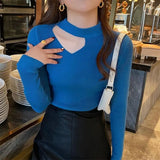 Winter Half High Collar Sexy Hollow Out Slim Sweater Top Women Solid Simple Bottoming Pullover Ladies All-match