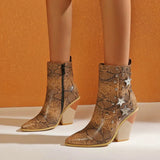 Stone Print Zipper Ankle Boots Women Wedges High Heels Western Boots Pointed Toe Crystal Autumn Winter Woman