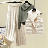 Warm 3 Piece Set Women Pullover Sweater + Wide Leg Pants +Lamb Wool Vest Outfits Knitted Suit Tracksuit Womens