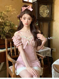 Pink Plaid Bow Princess Mini Dress Women 2023 Summer Sexy Slim Slash Neck Lace Ruffle Kawaii Y2k Lolita Female