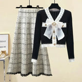 Fall Winter Knitwear Two Piece Sets For Women Outfits French Vintage Fragrance Bow Bandage Knitted Sweater+Plaid Skirt