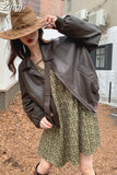 Spring Autumn Oversized Casual Waterproof Coffe Soft Pu Leather Jacket Women with Drop Shoulder Long Sleeve Fashion