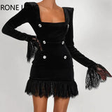 Women Solid Elegant Button Flannel Flare Sleeves Lace Hem Mini Working Black Blazer