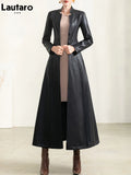 Spring Autumn Long Black Soft Waterproof Faux Leather Coat Women Belt Long Sleeve Single Breasted Luxury Fashion