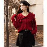 2022 Autumn Winter Women's Sweaters French Soft Waxy Knitted Cardigan Female Peter Pan Collar Tops Office Lady