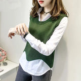 and Autumn Solid Color V-neck Short Wave Edge Edge Sleeveless Knitted Bottoming Sweater Vest Pullover and White