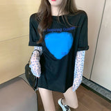 Leopard Mesh Sleeve Patchwork Women T-shirt Fake 2 Pieces Women T Shirt Heart Print Short Sleeve Ladies Tshirts