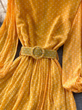 Vintage Yellow/Purple/Blue Polka Dot Chiffon Long Dress Women Elegant O-Neck Puff Sleeve Pleated Party Robe Female