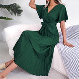 Explosion Real Shooting Spring And Summer Temperament Cross V Collar Big Swing 100-Fold Dress Women's