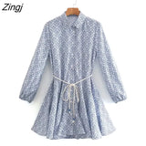 Women Vintage Totem Geometric Print Big Swing Ruffles Mini Shirt Dress Office Ladies Chic Lace Up Sashes Vestidos