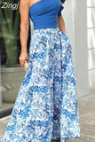 Women 2 Piece Set Sexy One-Shoulder Puff-Sleeve Top Printed Pant Two-Piece Sets High Streetwear Fashion Skirts Set