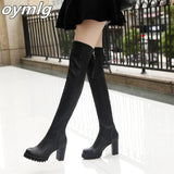 Autumn Winter Women's Pu Leather Over The Knee Boots Back Zip Thick High Heel Platform Thigh Boots Ladies Fashion Shoe