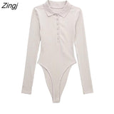 Women Simply Polo Collar Long Sleeve Buttons Slim Bodysuits Office Ladies Casual Knitting Playsuits Mujer Rompers