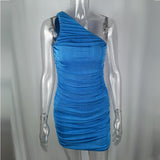 Blue One Shoulder Ruched Dress For Women Sleeveless Bodycon Mini Dresses Femme Clubwear Slim Party Dress