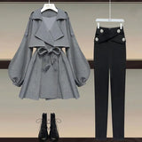 Office Ladies Elegant 2 Piece Sets Women Korean FashionTurn-down Iantern Long Sleeve Trench Coat And Bodycon Pants