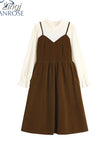 Vintage Patchwork Women Dress Female O-Neck Long Sleeve Fake Two Pieces Dress Elegant High Waist A-line Mid Long
