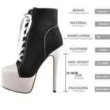 Onlymaker Women's Canvas Platform Lace Up Ankle Boots16cm High Heel Side Zipper Plus Size Fashion Sexy Stiletto