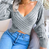 Women's Sweaters Twist Knit Pullover Sweater Winter V neck Full Balloon Sleeve Solid Slim Short Crop Pullovers 2022