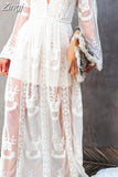 Lace Floral Mesh See Through Long Maxi Dress 2023 Summer Deep V-neck Long Lantern Sleeve Beach Dress Female
