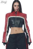 Spring Autumn Cool Patchwork Crop Pu Leather Jacket Women Long Sleeve Luxury Designer Clothes Runway European