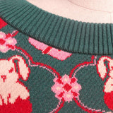 Christmas Retro Dark Green Flower Jacquard Rabbit Sweaters Women Streetwear Crop Y2K Tops Winter Long Sleeve Kawaii