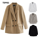 2021 Womens Long Blazer Double Breasted Suit Jacket Loose Oversize Coat Solid Color Formal