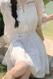 White Lace Dress Women Hollow Out Mini Dress Female Elegant Sweet Dress Ladies Long Sleeve V Neck Lace Up