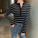 Striped Women Pullover Sweater Fashion Button Long Sleeve Knitted Slim Korean Jumper Causal High Elastic Ladies