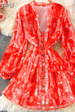 Vintage Women Pleated Chiffon Mini Dress Elegant V-Neck Draped Single Breasted Ruffle Vestidos Sexy Party Robe 2023