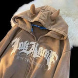 Horn Little Devil Letter Embroidered Zipper Hoodies Women Y2K Street Retro Trend Cardigan Couple Fashion