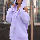 Color Women Hoodies Fitness Hooded Dress Casual Hollow Out Cold Shoulder Oversize Sweatshirt Detachable Hat Workout
