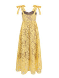 Solid Hook Flower Hollow Lace Women Dress Sleeveless Suspender High Waist A-line Long Dress Fashion Beach Holiday