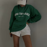 Women's Y2K Loose Sweatshirt Letter Print Crew Neck Long Sleeve Pullovers Fall Winter Casual Workout Tops