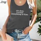 Fine I'm Fine Everything Is Fine Printed Funny Women Tank Tops Summer Loose Sleeveless 90s Tank Ladies Tees Tops