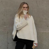 2021 Autumn Winter Oversized Knitted Pullover Women Turtleneck Long Sleeve Khaki Striped Loose Sweater Casual