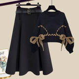 Winter Luxury Two Piece Set For Women Outfit Korean Bow Bandage Knitted Pullover Sweaters+high Waist Woolen Skirts Set