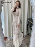 Autumn Women's New Hand-made Diamond Lace Dress Long Sleeve Dress V-neck Slim