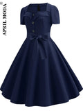 Spring Solid Color Party Flare Women Dress With Button Retro Robe De Cocktail Summer 50s 60s Tunic Swing Rockabilly