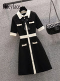 Dresses For Women Knitted Sweater Dress Bow Tie Button Vintage Party Mini Dress Elegant Casual Vestido