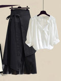 Outfits For Women 2023 Korean Casual V Neck Solid Blouse+irregular Mesh Patchwork Skirt Two Pieces Set Women Clothing